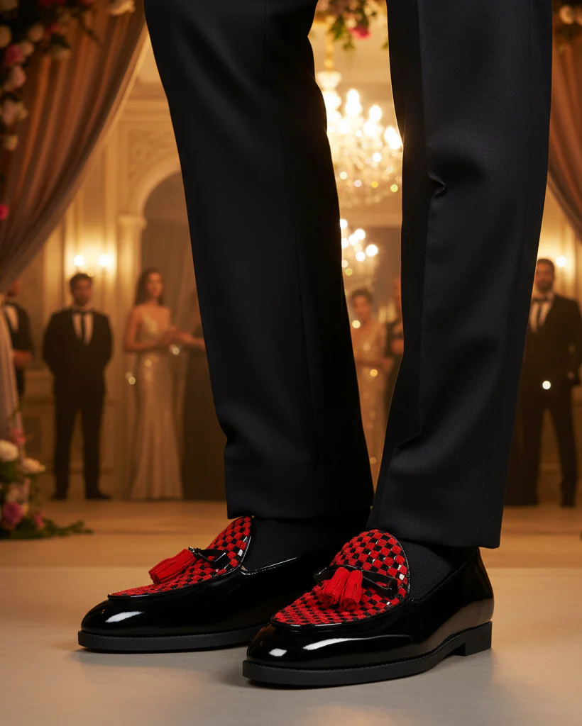 Avero - Men's Black Patent and  Red Suede Hand Woven  Leather Loafer - Image 4