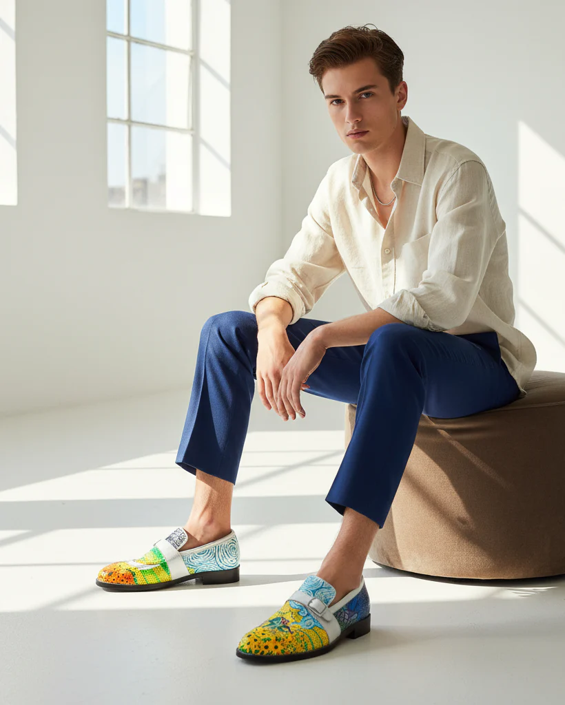Elios - Men's White Hand Painted Strapped Loafer - Image 7