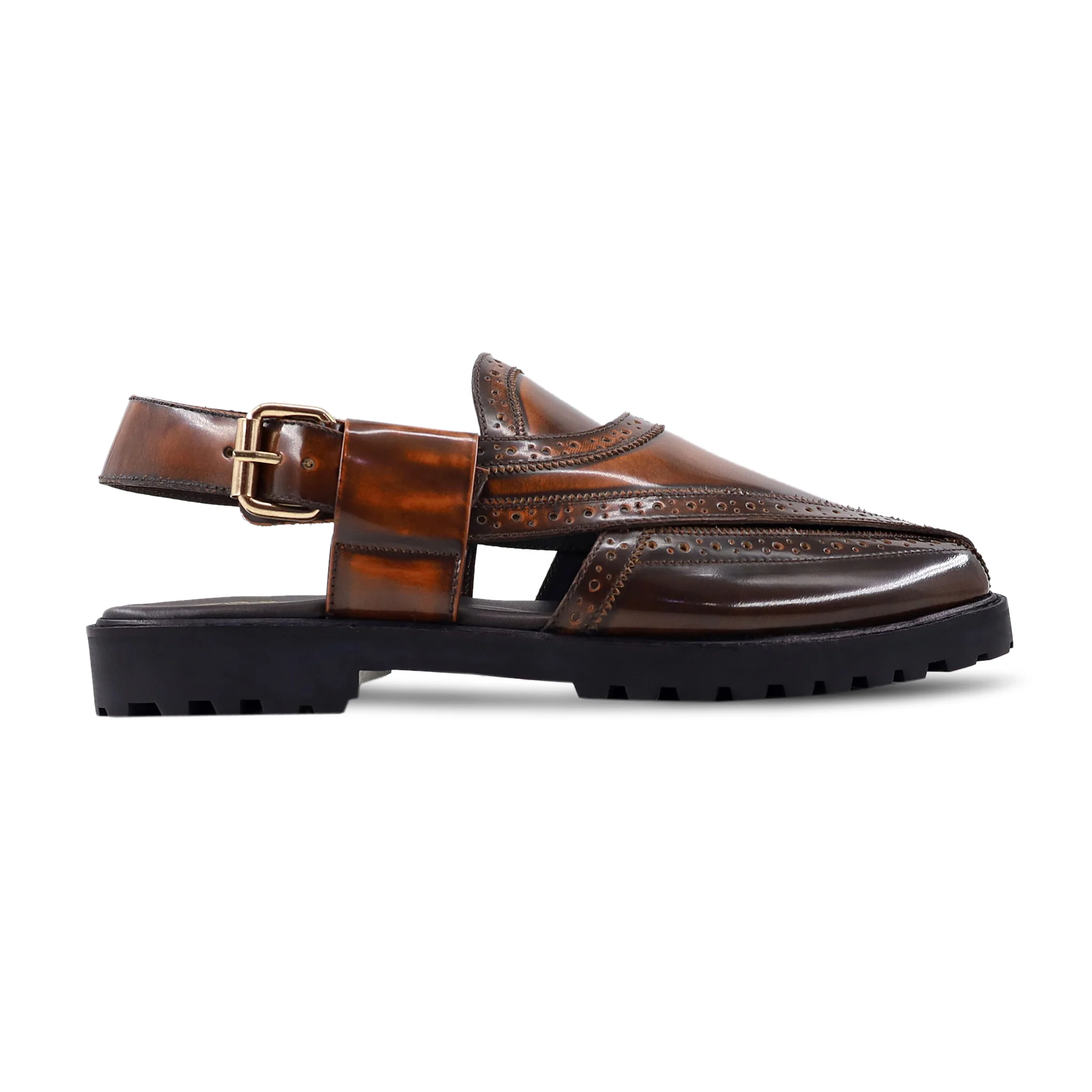 Elza - Men's Burnished Brown Box Leather High Shine Sandal - Image 2