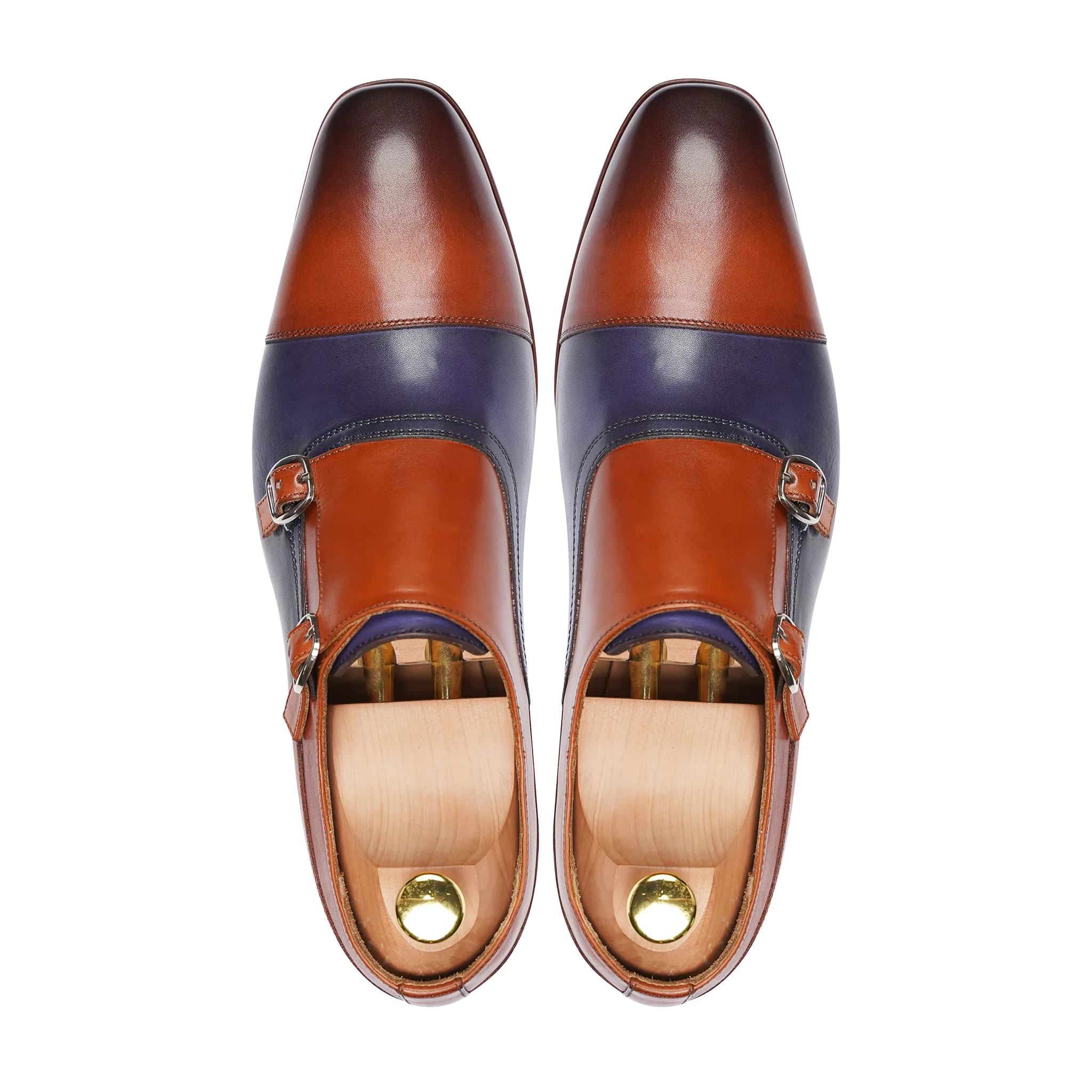 Gilbert - Men's Blue and Tan Calf Leather Double Monkstrap - Image 3