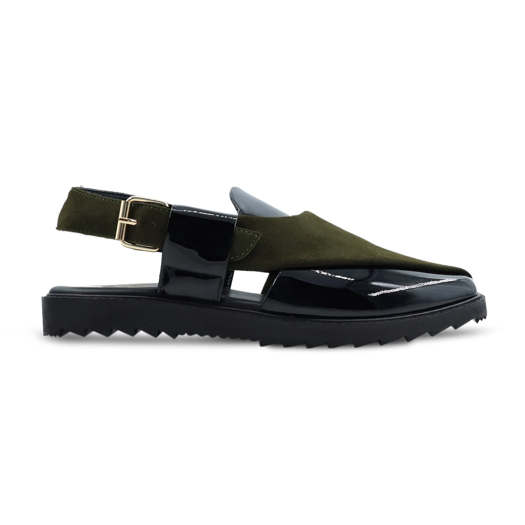 Hassium - Men's Black Patent and Olive Green Kid Suede Sandal - Image 2
