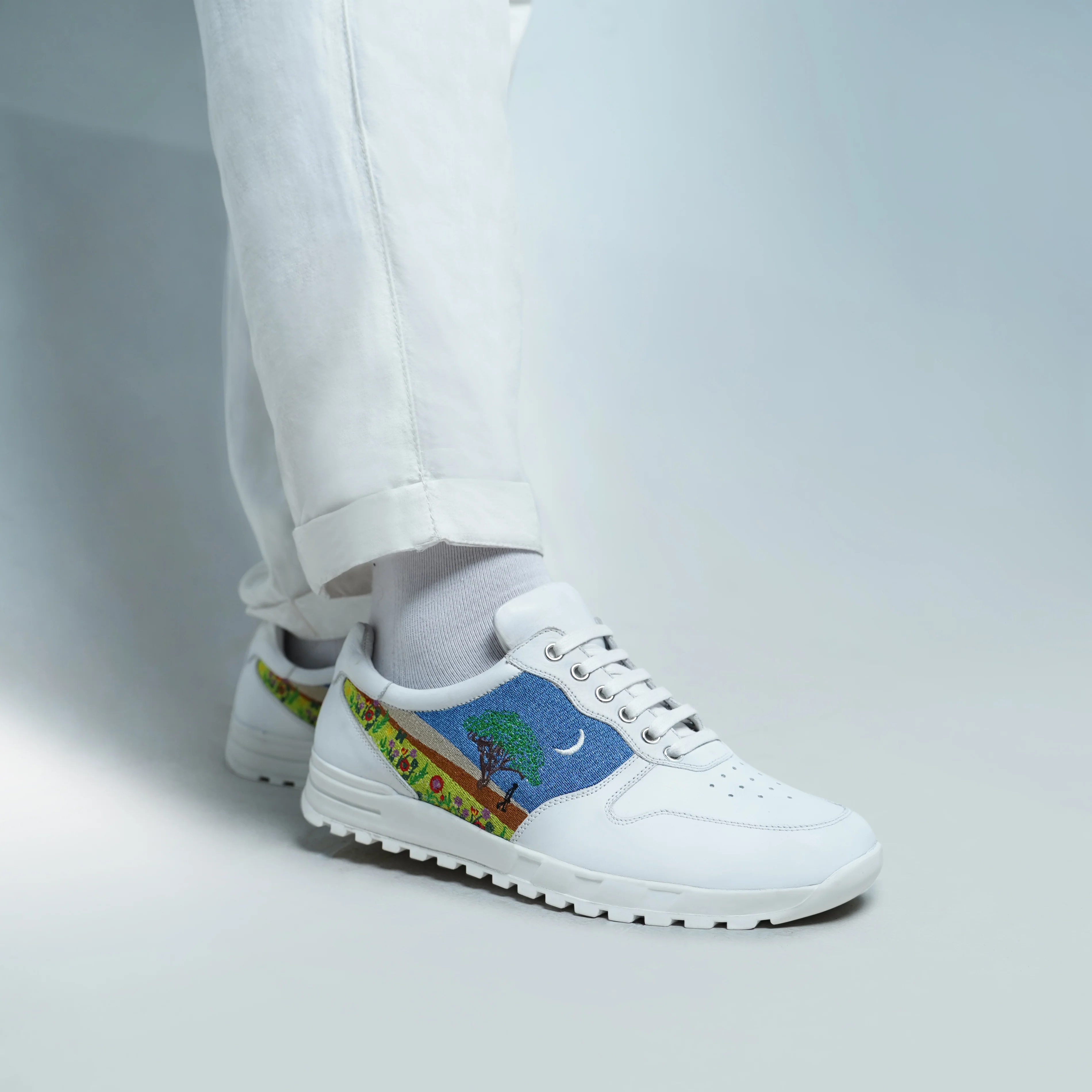 Jericho - Men's White Calf Leather Joggers (Embroidery Edition) - Image 4