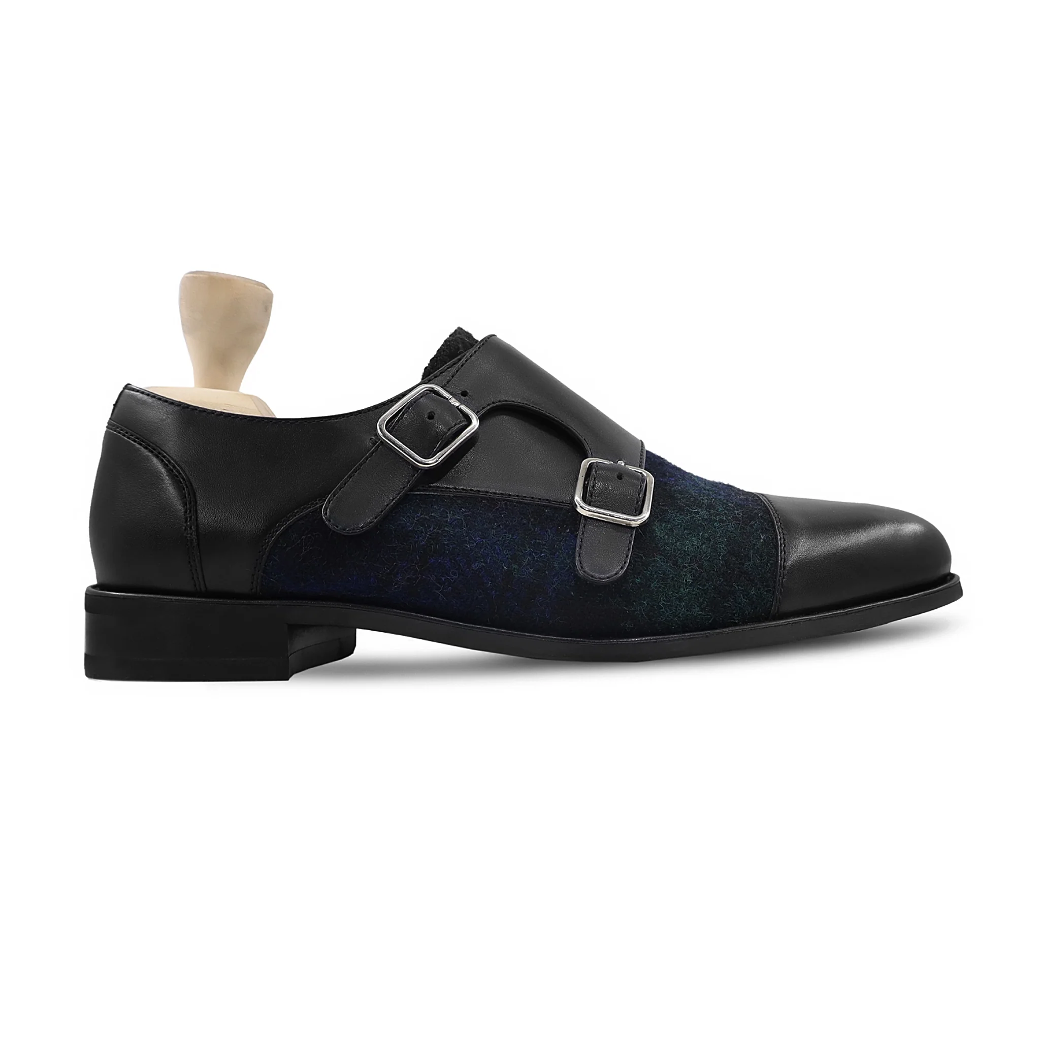 Tomio - Men's Black Calf Leather and Harris Tweed Double Monkstrap - Image 2